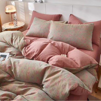 Linge de lit en gaze de coton double épaisseur à motifs floraux et lavande - Rose - draps de lit - 220 cm x 240 cm - image 4