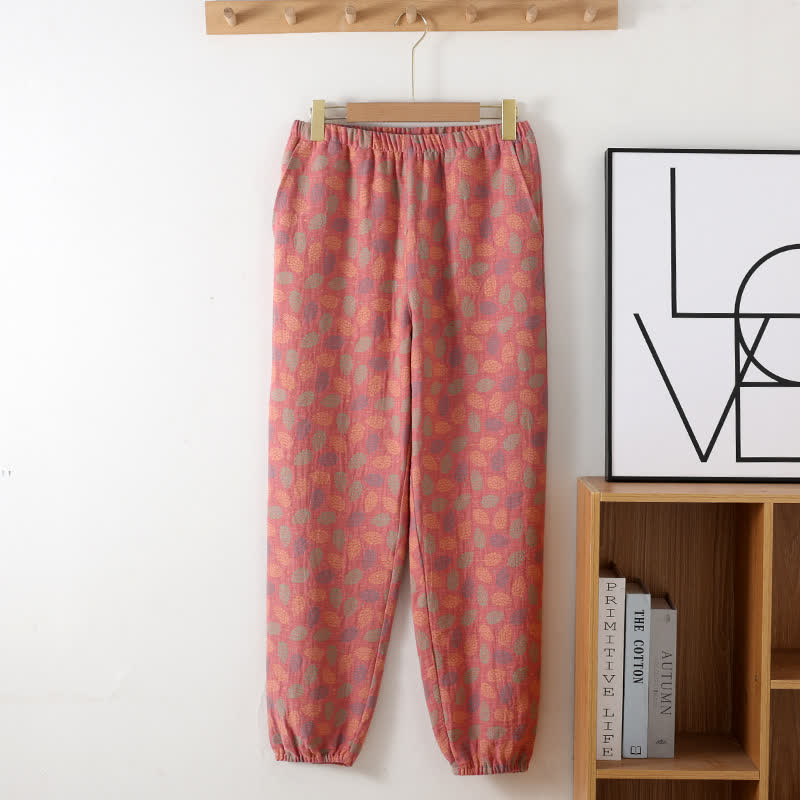 Pantalon de jogging en gaze de coton à motif de feuilles - Rose - XXL - image 0