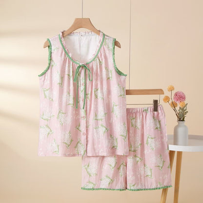 Ensemble pyjama sans manches en gaze de coton gypsophile - Rose - XL - image 0