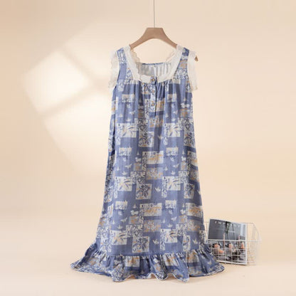 Chemise de nuit sans manches en coton à motifs papillons et fleurs, style champêtre - Bleu - XL - image 0