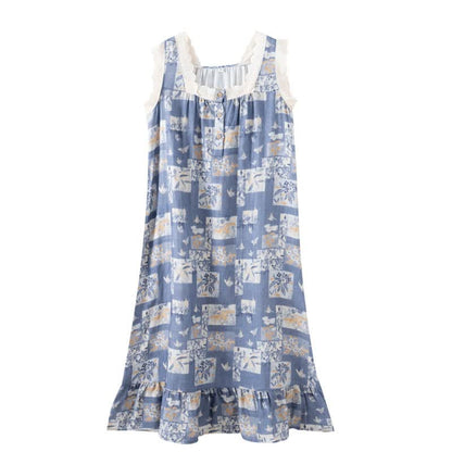 Chemise de nuit sans manches en coton à motifs papillons et fleurs, style champêtre - image 1