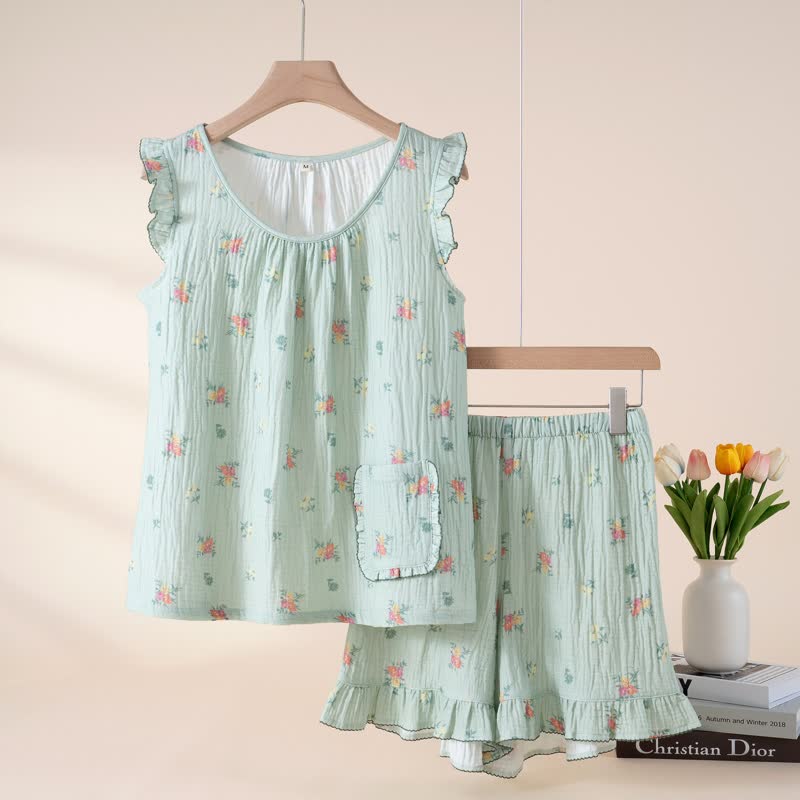 Ensemble pyjama en gaze de coton à fleurs avec manches flottantes - Vert - XL - image 0