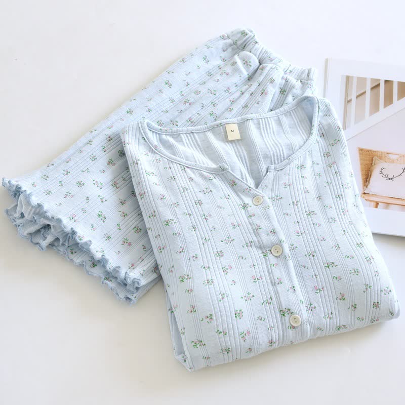 Ensemble pyjama en jacquard de coton à motif floral rustique - Bleu - XL - image 9