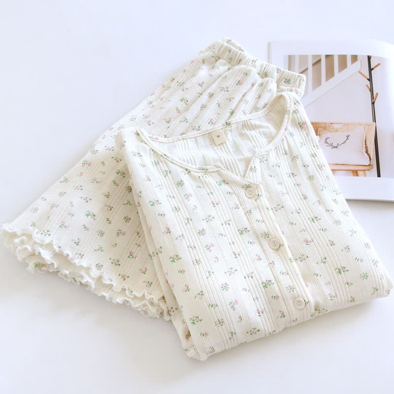 Ensemble pyjama en jacquard de coton à motif floral rustique - Beige et vert - XL - image 12