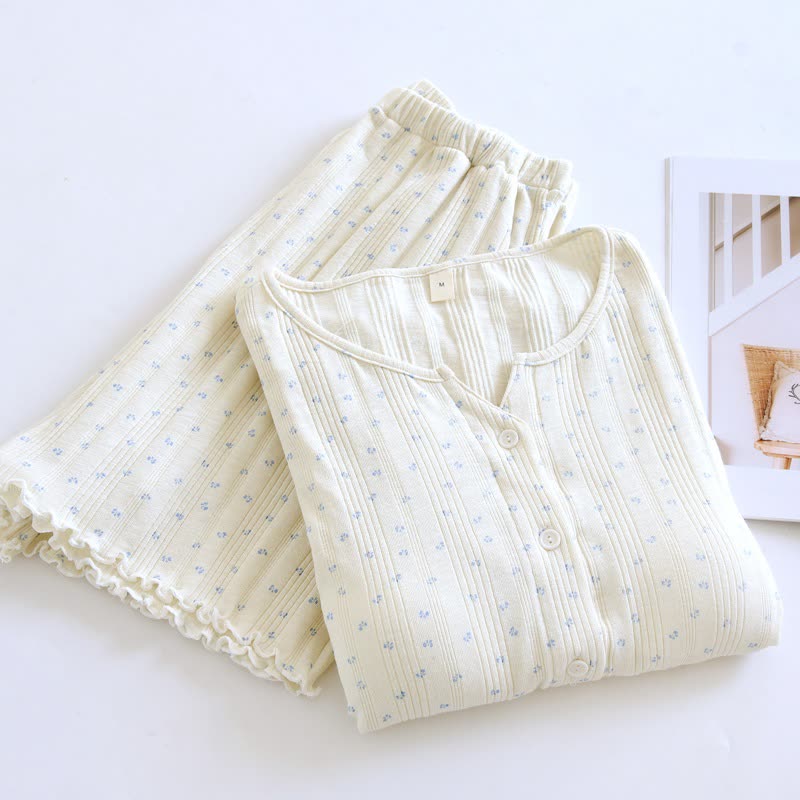Ensemble pyjama en jacquard de coton à motif floral rustique - Beige et bleu - XL - image 8