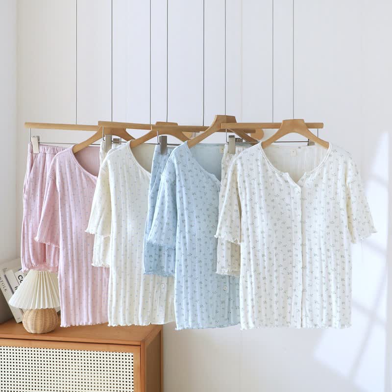 Ensemble pyjama en jacquard de coton à motif floral rustique - image 0