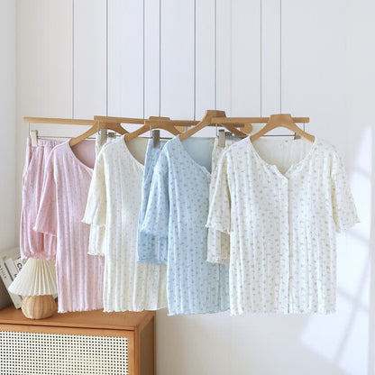 Ensemble pyjama en jacquard de coton à motif floral rustique - image 0