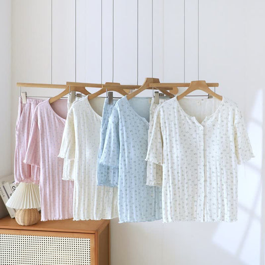 Ensemble pyjama en jacquard de coton à motif floral rustique - image 0