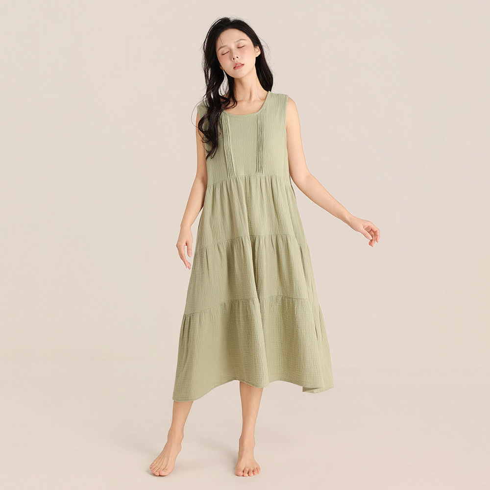 Chemise de nuit minimaliste sans manches en double gaze de coton - Vert - XL - image 2