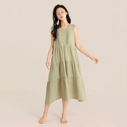 Chemise de nuit minimaliste sans manches en double gaze de coton - Vert - XL - image 2