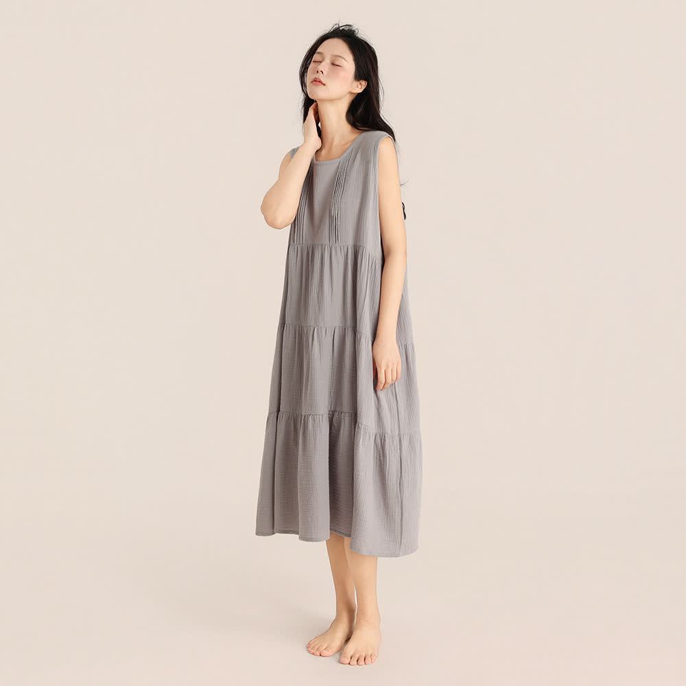 Chemise de nuit minimaliste sans manches en double gaze de coton - Gris - XL - image 3