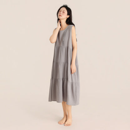 Chemise de nuit minimaliste sans manches en double gaze de coton - Gris - XL - image 3