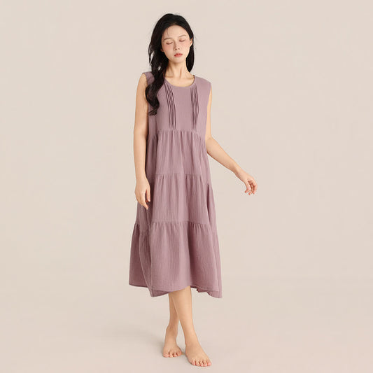 Chemise de nuit minimaliste sans manches en double gaze de coton - Violet - XL - image 0
