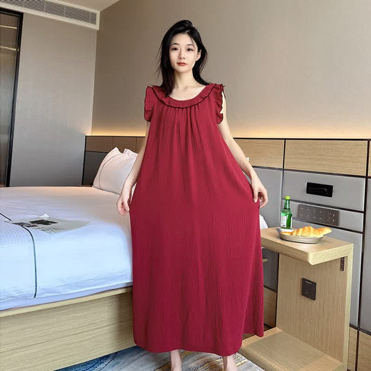 Chemise de nuit minimaliste sans manches en coton à volants, taille oversize - Vin - 5XL - image 0
