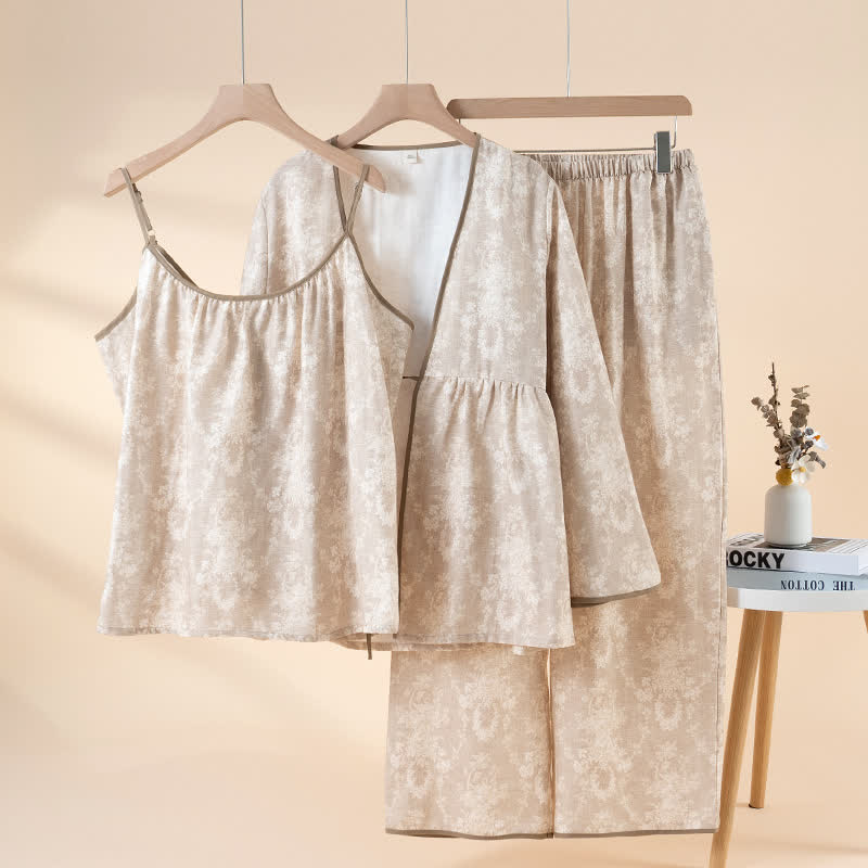 Ensemble de vêtements d'intérieur en coton à imprimé botanique (3 pièces) - Café - XL - image 3
