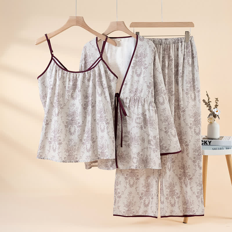 Ensemble de vêtements d'intérieur en coton à imprimé botanique (3 pièces) - Violet - XL - image 0