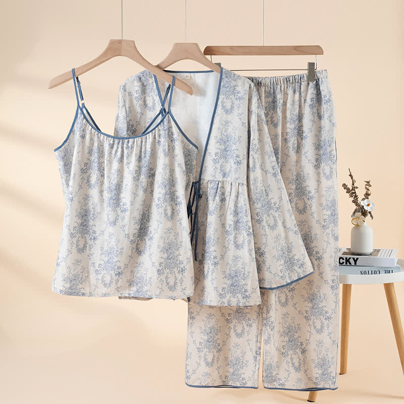 Ensemble de vêtements d'intérieur en coton à imprimé botanique (3 pièces) - Bleu - XL - image 1