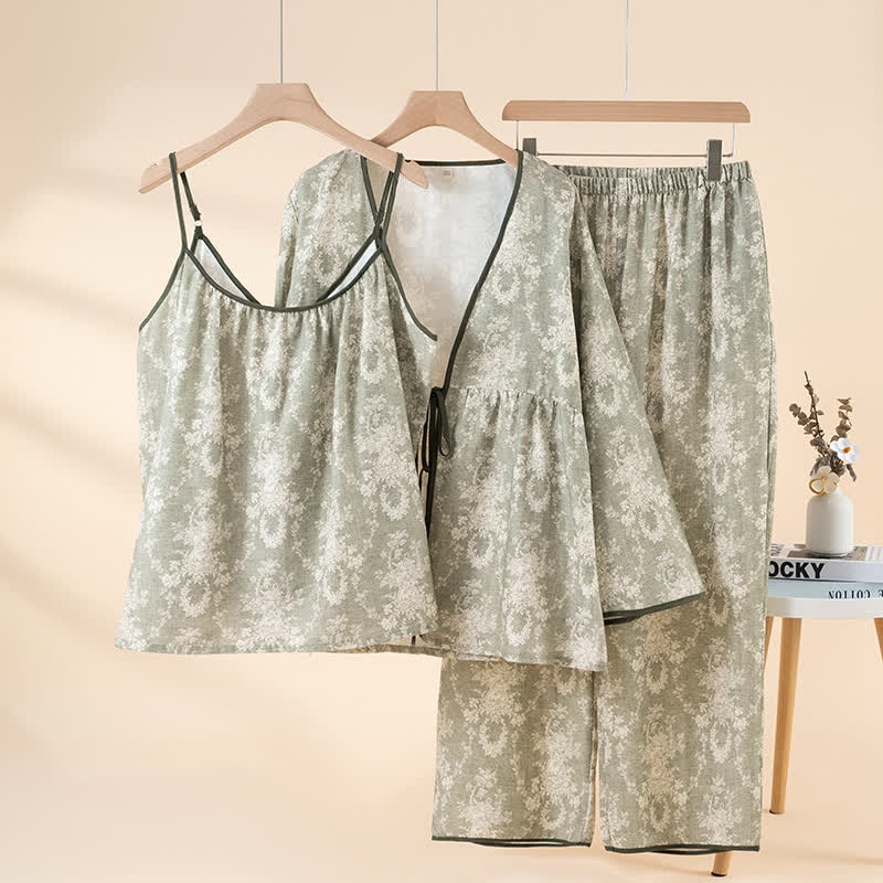 Ensemble de vêtements d'intérieur en coton à imprimé botanique (3 pièces) - Vert - XL - image 2