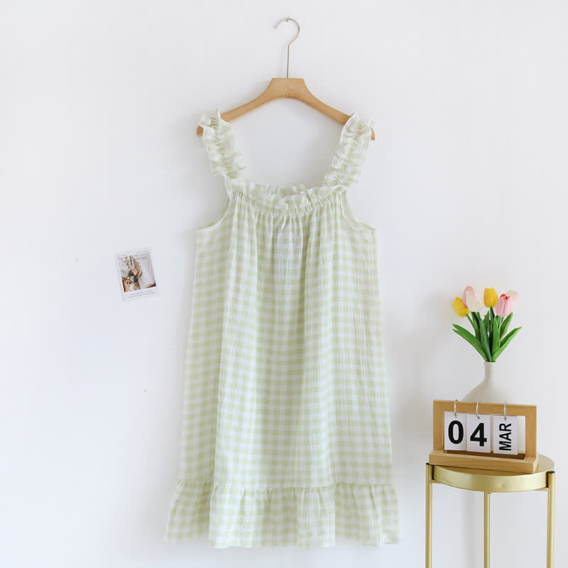 Chemise de nuit en coton à volants et à carreaux vichy - Vert - XL - image 9