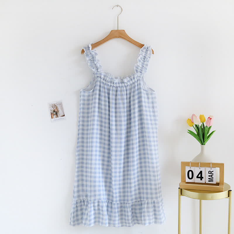 Chemise de nuit en coton à volants et à carreaux vichy - Bleu - XL - image 3