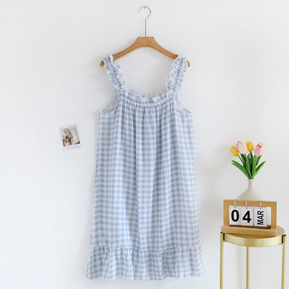 Chemise de nuit en coton à volants et à carreaux vichy - Bleu - XL - image 3
