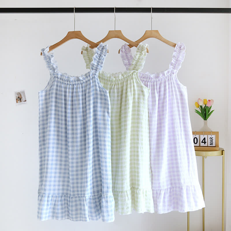 Chemise de nuit en coton à volants et à carreaux vichy - image 0