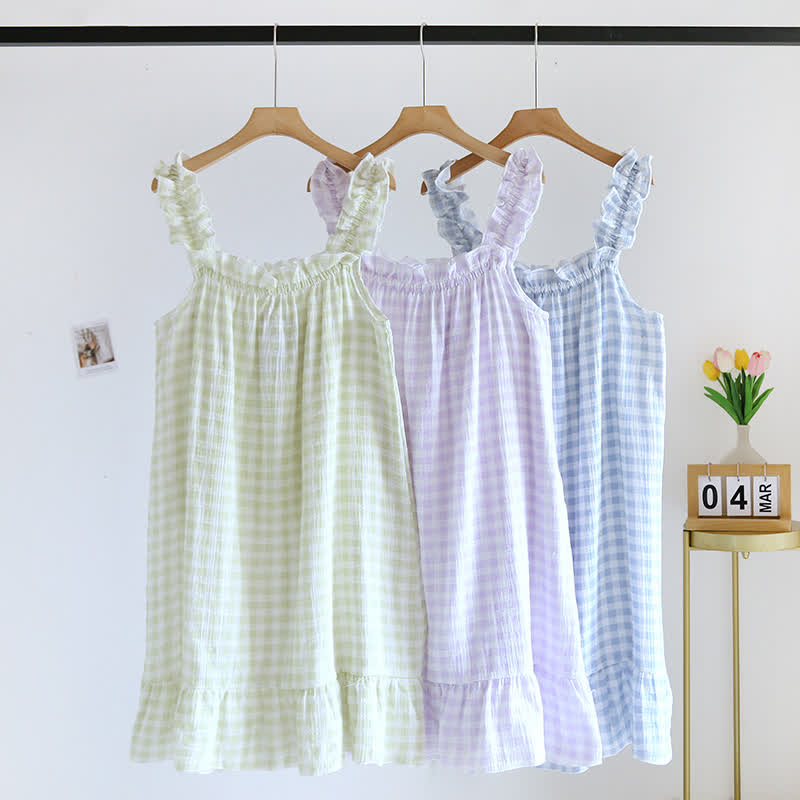Chemise de nuit en coton à volants et à carreaux vichy - image 1