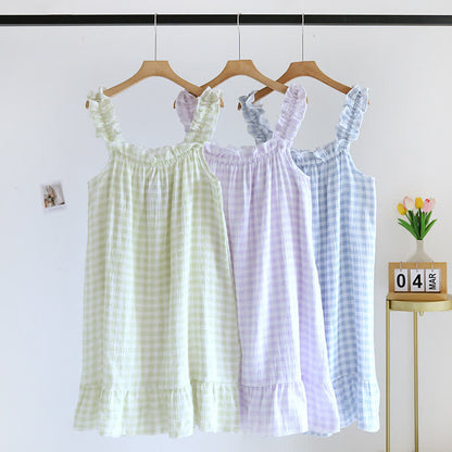 Chemise de nuit en coton à volants et à carreaux vichy - image 1
