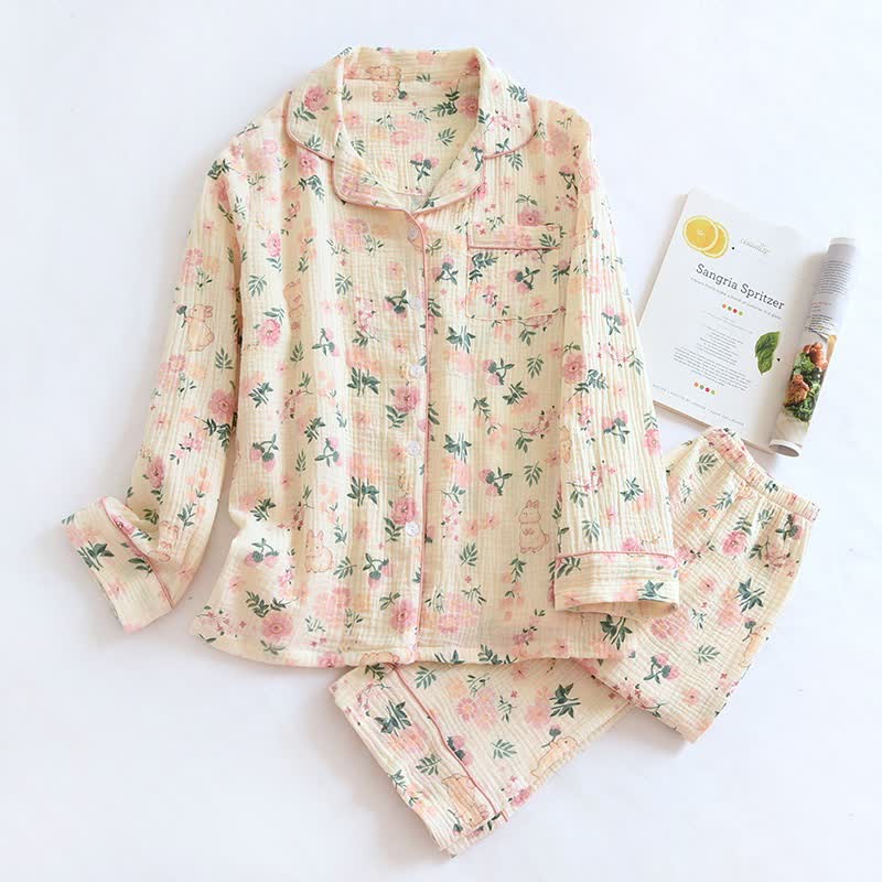 Pyjama en gaze de coton rose à motifs floraux et de lapins - Beige - XL - image 0