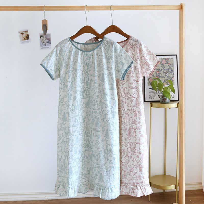 Chemise de nuit rustique en coton à motifs de champignons et de lapins - image 1