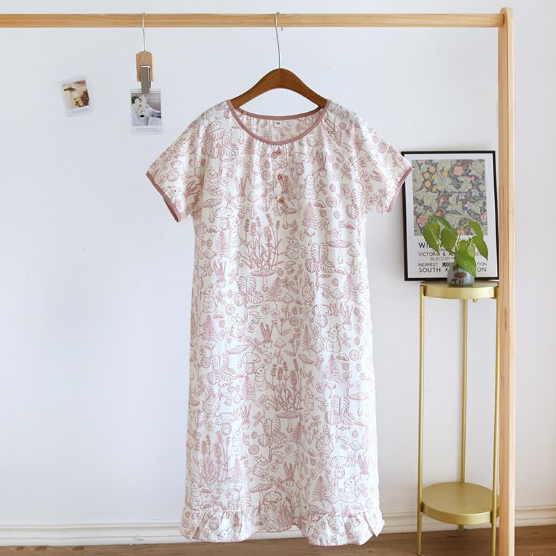 Chemise de nuit rustique en coton à motifs de champignons et de lapins - Rouge - XL - image 3
