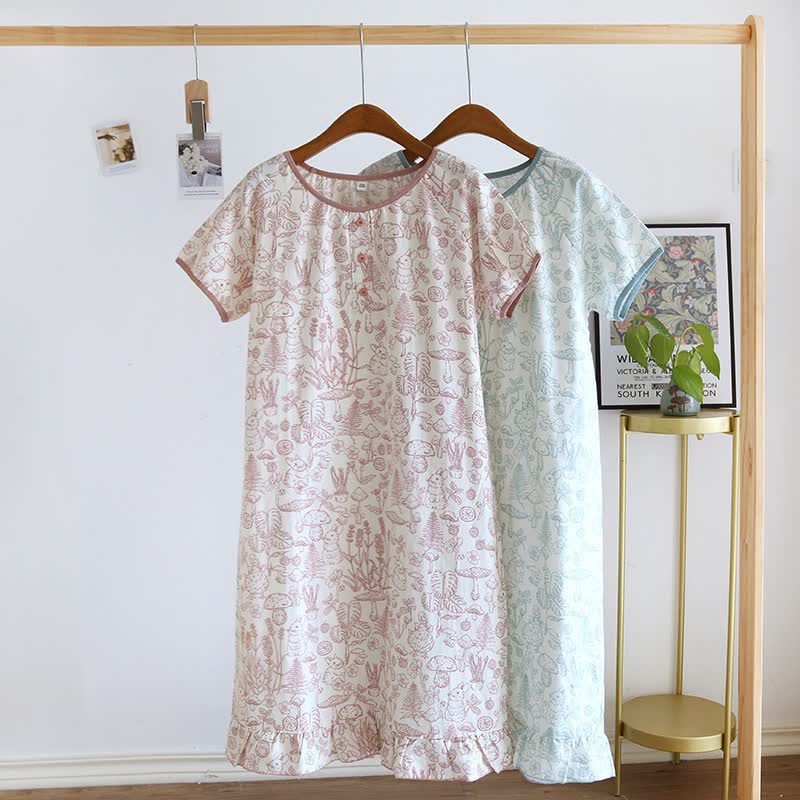 Chemise de nuit rustique en coton à motifs de champignons et de lapins - image 0