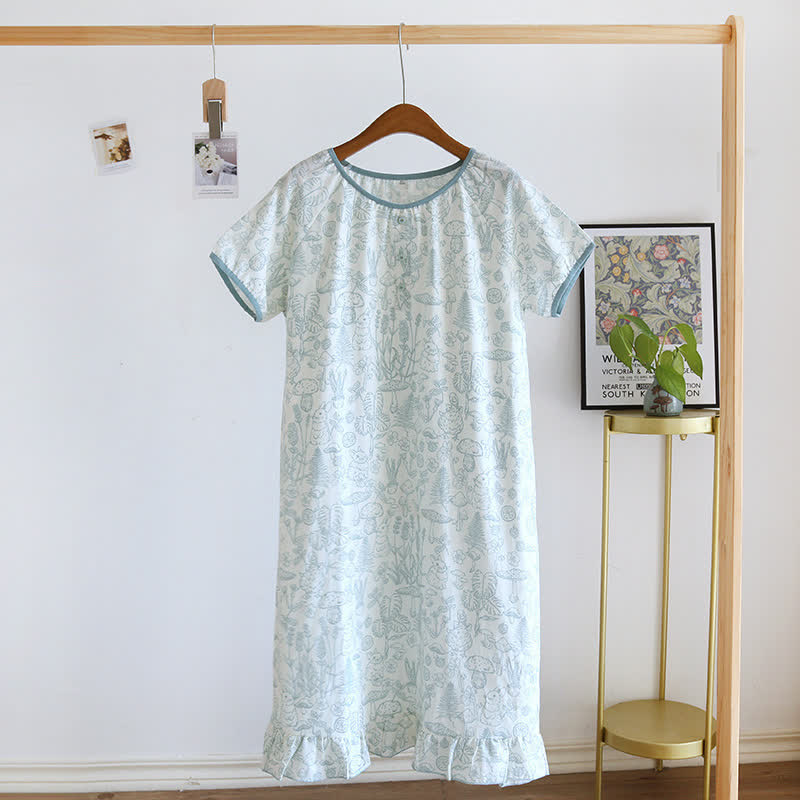 Chemise de nuit rustique en coton à motifs de champignons et de lapins - Vert - XL - image 9