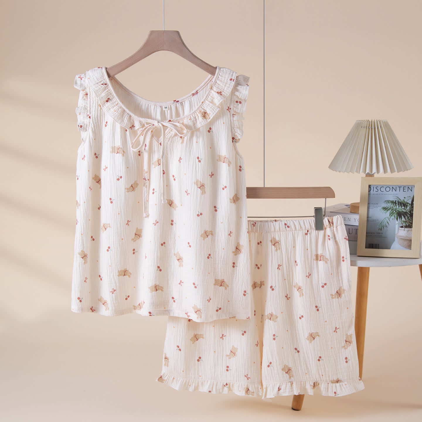 Ensemble pyjama en gaze de coton à motifs de cerises et de lapins - Beige - XL - image 0