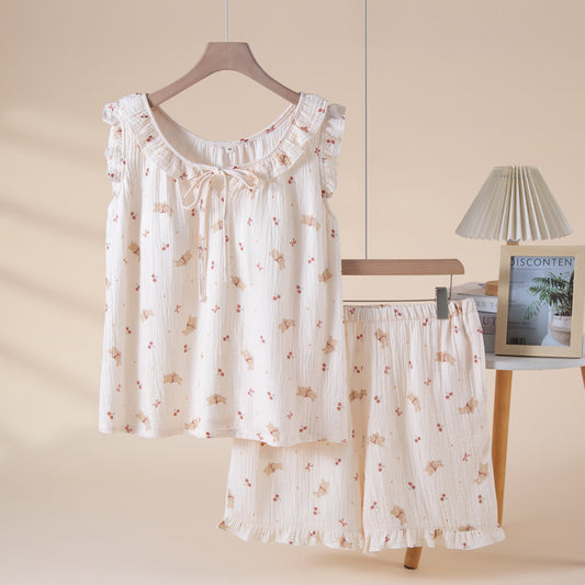 Ensemble pyjama en gaze de coton à motifs de cerises et de lapins - Beige - XL - image 0