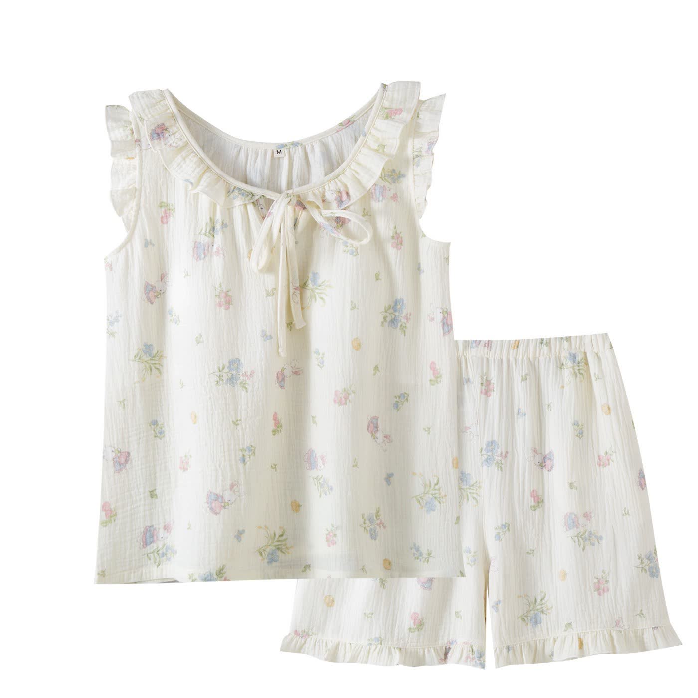 Pyjama en gaze de coton avec motifs de lapins et de fleurs. - image 2