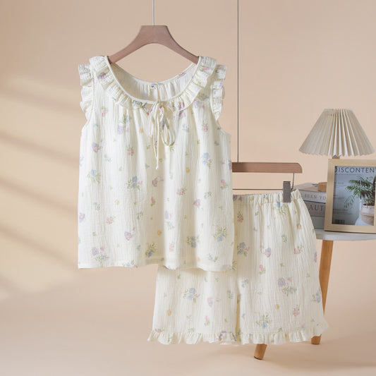 Pyjama en gaze de coton avec motifs de lapins et de fleurs. - Beige - XL - image 0