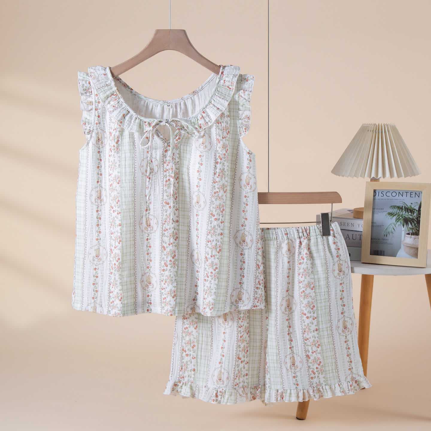 Pyjama en gaze de coton à motifs floraux et rayés et à motifs de lapins - Vert - XL - image 0