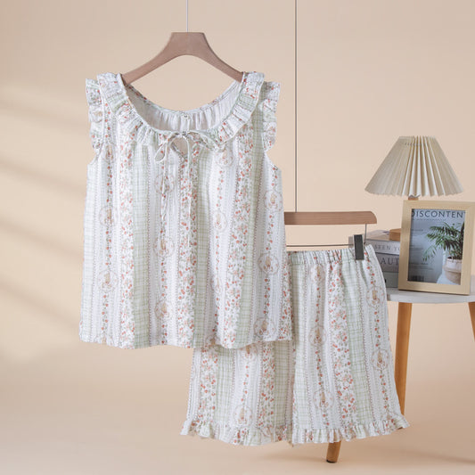 Pyjama en gaze de coton à motifs floraux et rayés et à motifs de lapins - Vert - XL - image 0