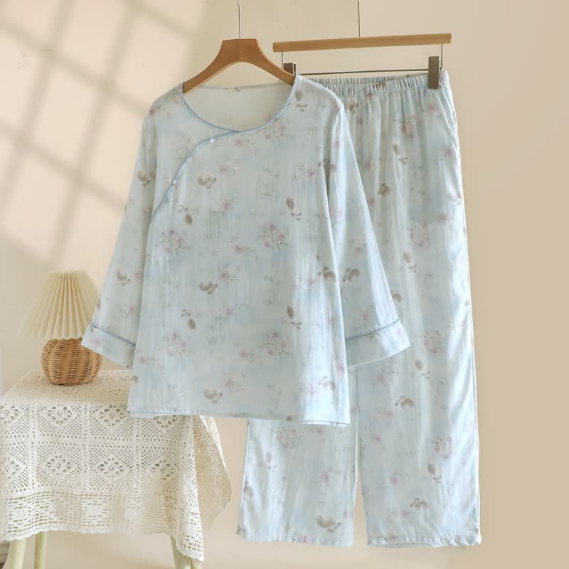 Ensemble pyjama élégant en gaze de coton à motifs de lapins et de fleurs - Vert - XL - image 0
