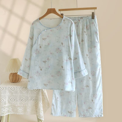 Ensemble pyjama élégant en gaze de coton à motifs de lapins et de fleurs - Vert - XL - image 0