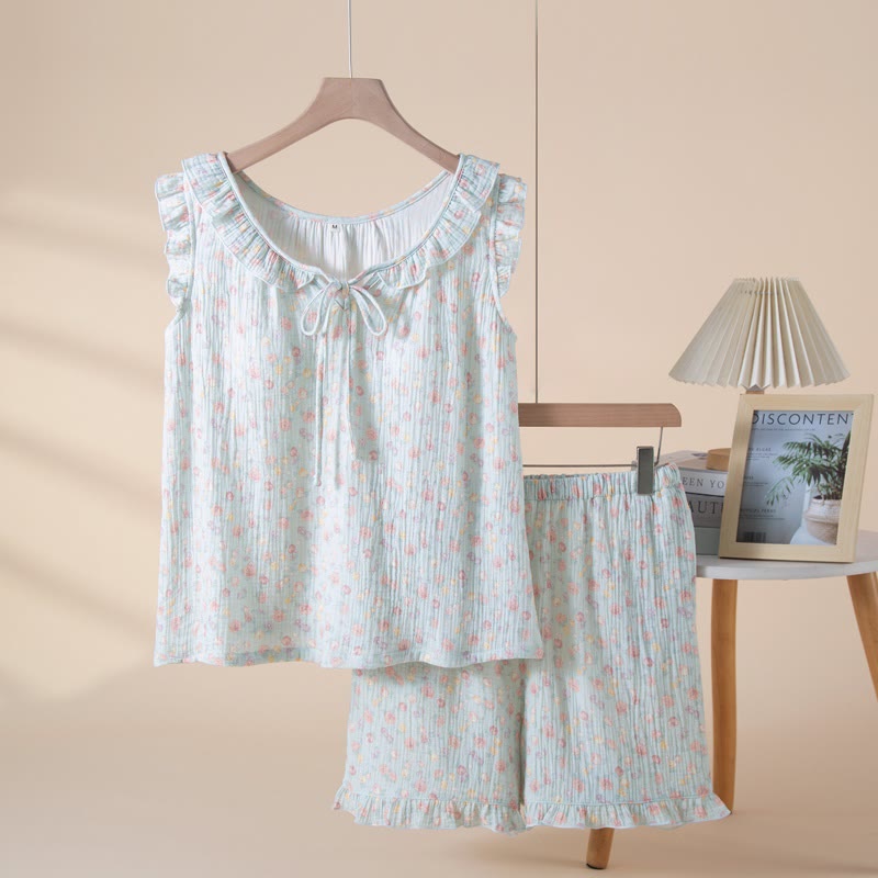 Pyjama élégant sans manches en gaze de coton à motif floral - Bleu - XL - image 0