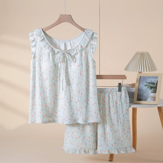 Pyjama élégant sans manches en gaze de coton à motif floral - Bleu - XL - image 0