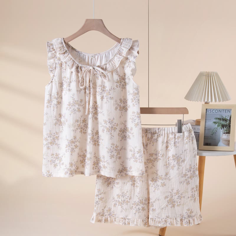 Pyjama élégant sans manches en gaze de coton à motif floral - Beige - XL - image 0