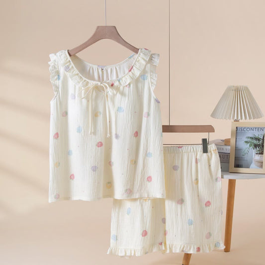 Pyjama mignon sans manches en gaze de coton à motif fraise - Beige - XL - image 0