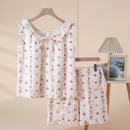 Pyjama sans manches en gaze de coton à motifs de cerises et de champignons - Beige - XL - image 0