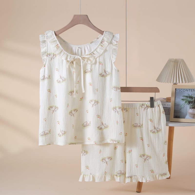 Pyjama sans manches en gaze de coton à motif panda - Beige - XL - image 0