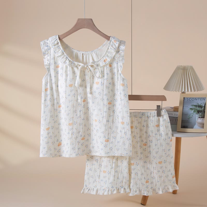 Pyjama sans manches en gaze de coton à motifs de citrouille et de feuilles - Beige - XL - image 0