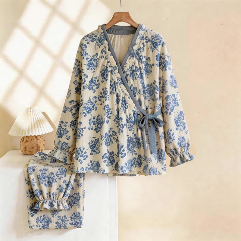Ensemble pyjama bleu à col volanté et motif floral - Beige et bleu - XL - image 0