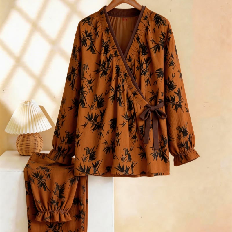 Ensemble pyjama à col volanté et motif de feuilles - caramel - XL - image 0